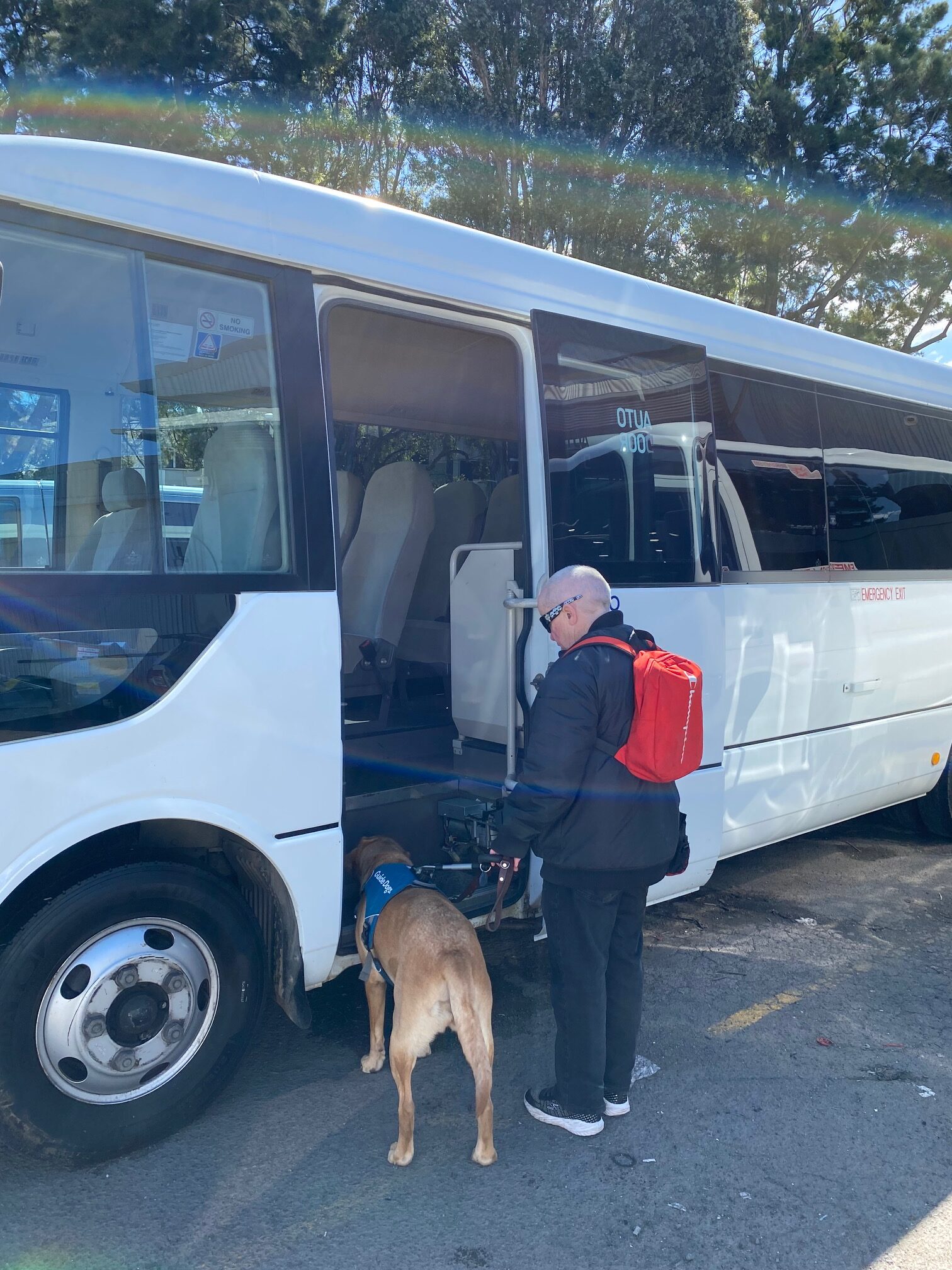 Male dog guide handler entering a white minibus