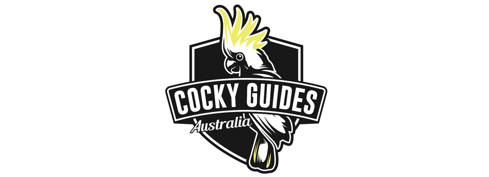 Black shield with a white cockatoo with light yellow crest and tail inside shield. The words Cocky Guides Australia go across the shield and cockatoo in white text